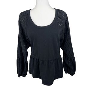 Time And Tru Blouse Women Extra Large Black Peplum Eyelet Sleeve Pullover Top